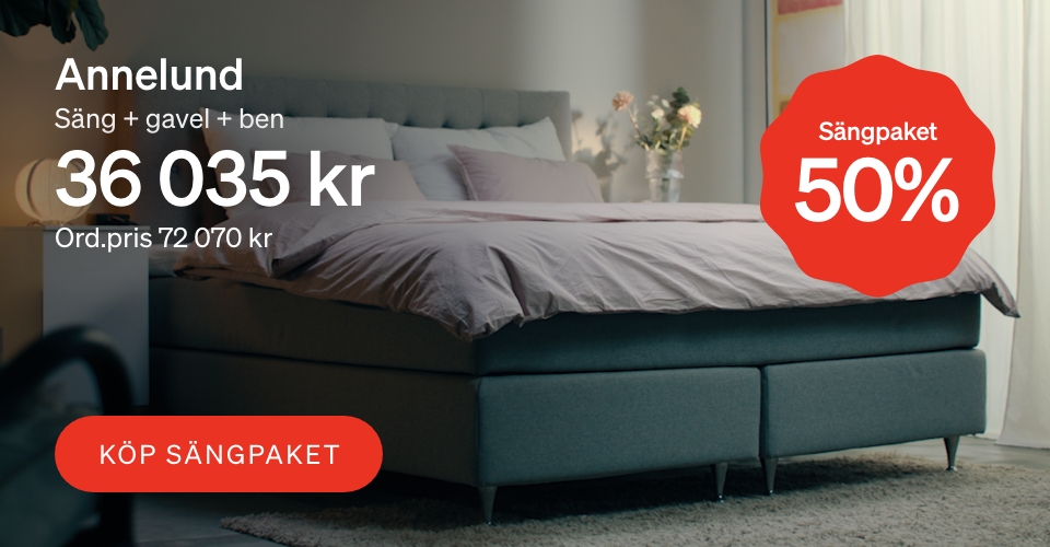 Bild på säng Annelund Säng + gavel + ben 36 035 kr Ord.pris 72 070 50% på sängpaket knapp till sängpaketet