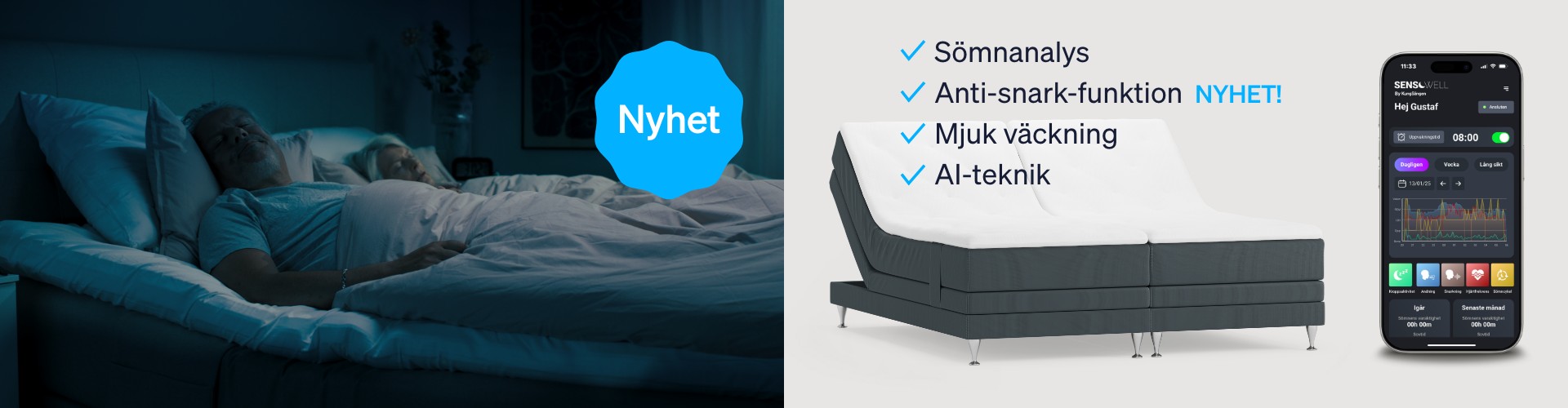 Bild med text och checkmarks  Sömnanalys,Anti-snark-funktion NYHET! ,Mjuk väckning ,AI-teknik. Bild på sovande par i ställbarsäng, bild på app